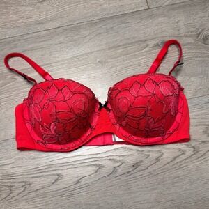 Victorias Secret Balconet Push Up Red Floral Lace Demi Bra Underwire 34C